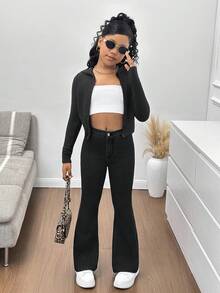 SHEIN 少女Y2K 90年代休闲纯色水洗高腰喇叭休闲保暖保暖内衬牛仔喇叭裤，圣诞节 - 黑色 - 查看 4