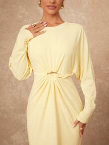 Lumalex VITNOS Damen blassgelbes elegantes Herbst Tee-Party Maxikleid, Puffärmel, gefaltete Taille, langes Hochzeitsgastkleid mit Metallknöpfen, Old Money Stil - Hellgelb - Übersicht 5