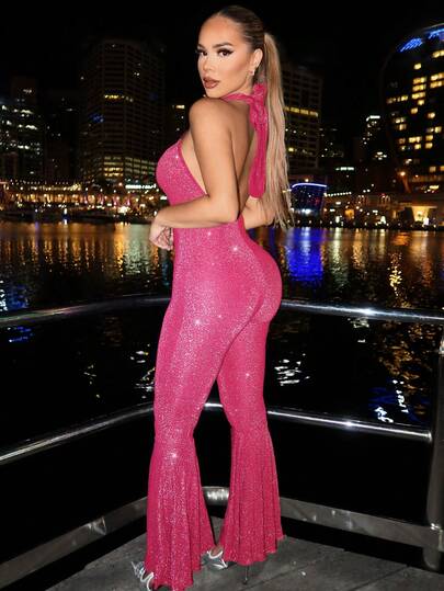 SHEIN SXY Sleeveless Halter Hot Pink Knitted Jumpsuit For Women Stylish Party Wear Criss Cross Long Unitard Pink Jumpsuit Rave Outfit Sexy Jumpsuit Sequin Jumpsuit Sparkly Jumpsuit Pink Rave Jumpsuit