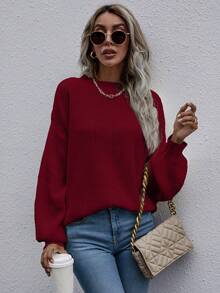 SHEIN LUNE Women's Solid Color Drop Shoulder Long Sleeve Loose Casual Pullover Sweater, Autumn/Winter - Red - View 4