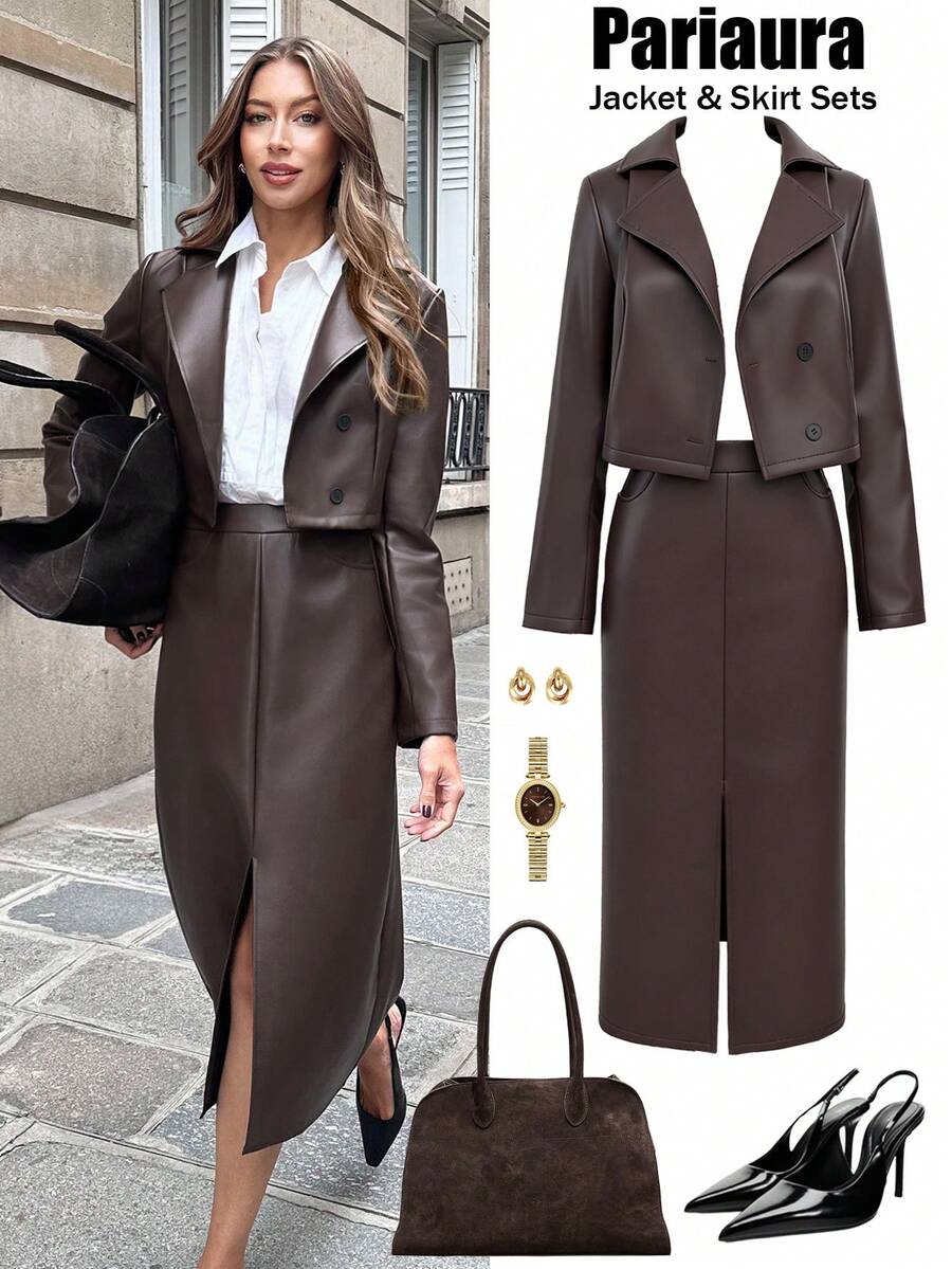 Pariaura Women's Fashion Commuter Jacket And Skirt 2 Pieces Set - Chocolate Brown - View 1