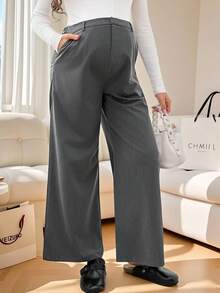 SHEIN Maternity Casual Everyday Commute Solid Color Zip Fly Loose Wide Leg Pants - Dark Grey - View 3