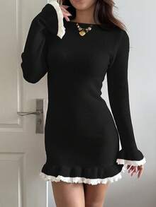 SHEIN Unity Fashionable Ruffled Hem Women Sweater Dress, Suitable For Dates And Vacations