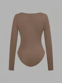 SHEIN EZwear 3件套女士休闲简约棕色卡其色米色方领长袖连体衣套装，秋冬季 - 彩色 - 查看 8