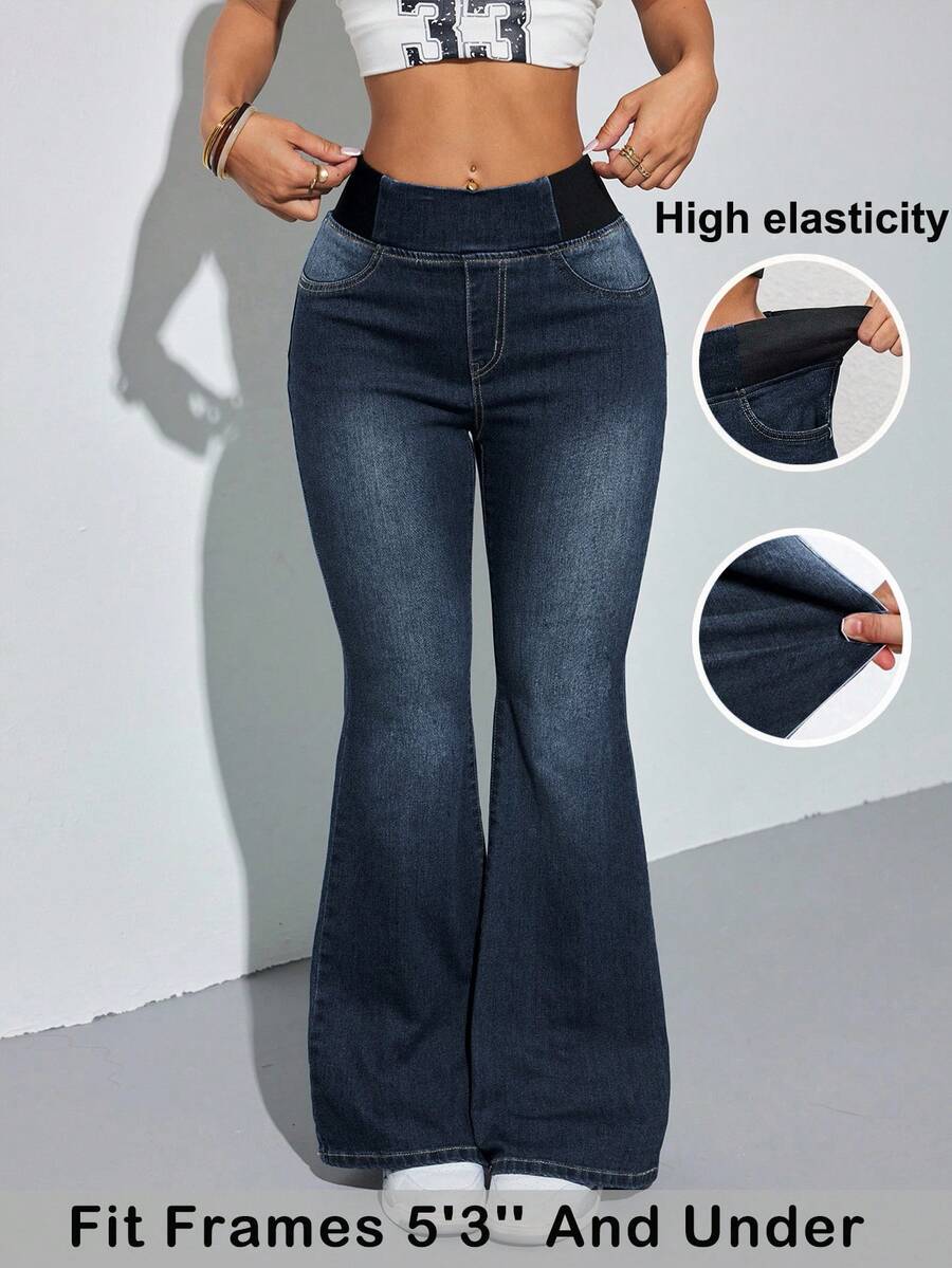 SHEIN PETITE Chic Women's Long Dark Wash Denim Jeans Casual Flare Leg Pants Stretchy Jeans - Dark Wash - View 1