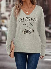 INAWLY New Arrival Hot Selling Women's Soft & Comfortable Casual Cherry Leopard Print Text V-Neck Long Sleeve T-Shirt, Spring/Summer