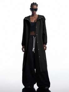 LYSMO 2025新款极简秋季女式休闲黑色纽扣连帽风衣，适合作为外套、街头服饰、飞行员夹克、返校雨衣、女士长款外套和鼠尾草黑色连帽雨衣，男女皆宜 - 黑色 - 查看 3