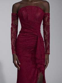 Elitara 优雅奢华的弹力蕾丝露肩无肩带连衣裙，配有可拆卸的薄纱袖子、荷叶边下摆和性感开衩，适合婚礼、派对、度假、晚宴、正式活动、情人节等场合。 - 紫紅色 - 查看 3