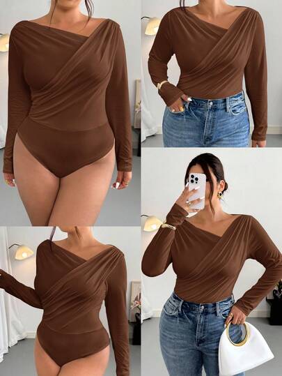 Firerie 大码女式优雅简约时尚性感紧身衣，适合通勤、音乐节、度假，不对称领口，垂坠，弹力长袖，秋冬