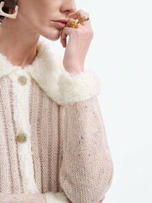 SHEIN Stylify 女士秋冬新款单件式 Polo 领针织开衫，柔软舒适，百搭时尚，高品质钩编设计 - 杏色 - 查看 3