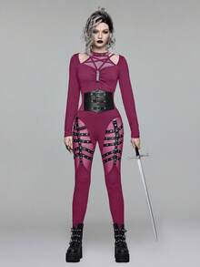 ROMWE Gothic Punk Style Women's Skinny Leggings With Straps And Rivets - Purple - View 5