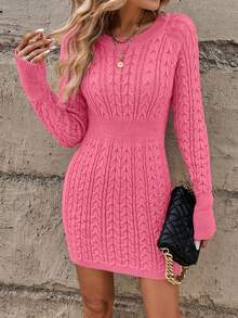 EMERY ROSE Women's Casual Knitted Dress With Cable Pattern, Round Neck, Long Sleeve, Suitable For Autumn/Winter - Pink - View 6