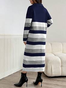 Modelyn Váy len kẻ sọc phối màu thường ngày dành cho nữ, Thu/Đông - Màu xanh hải quân - Xem 5
