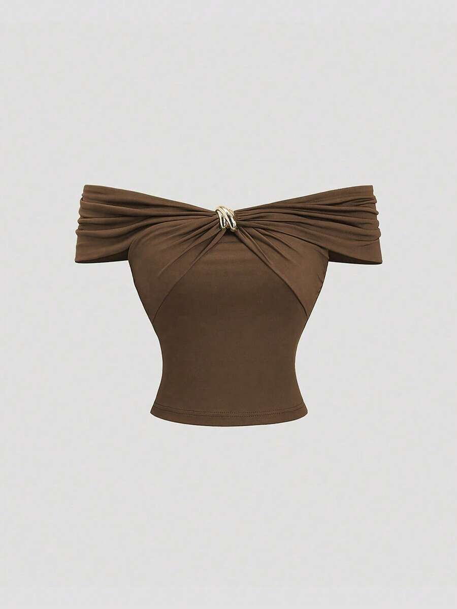 Sweetra Áo trễ vai màu xanh lá cây chanh mới cho nữ, vải mềm, gợi cảm sang trọng khi đi làm và mặc hàng ngày, trang trí màu vàng - màu nâu - Xem 1