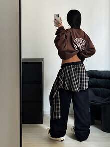 StreetHx Women's Casual Vacation Street Dance Style Patchwork Plaid Elastic Waist Straight Leg Jeans - Black - View 2