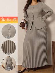 Zelara Plus Size Dames Forens Nieuwe Faux Zak Decor Boothals Kaki Valentijnsdag Kantoor Chic Forens Elegante High Street Blazer met Lange Mouwen en Geplooide Rok 2-delige Set Herfst Winterkleding voor Vrouwen