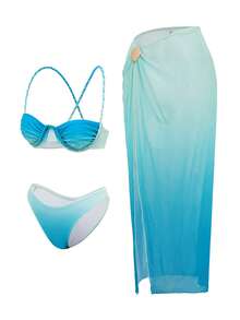 Swim SXY Conjunto de 3 piezas de traje de baño de mujer para vacaciones de verano, con falda de malla trenzada, estampado degradado y diseño informal - Multicolor - Ver 6