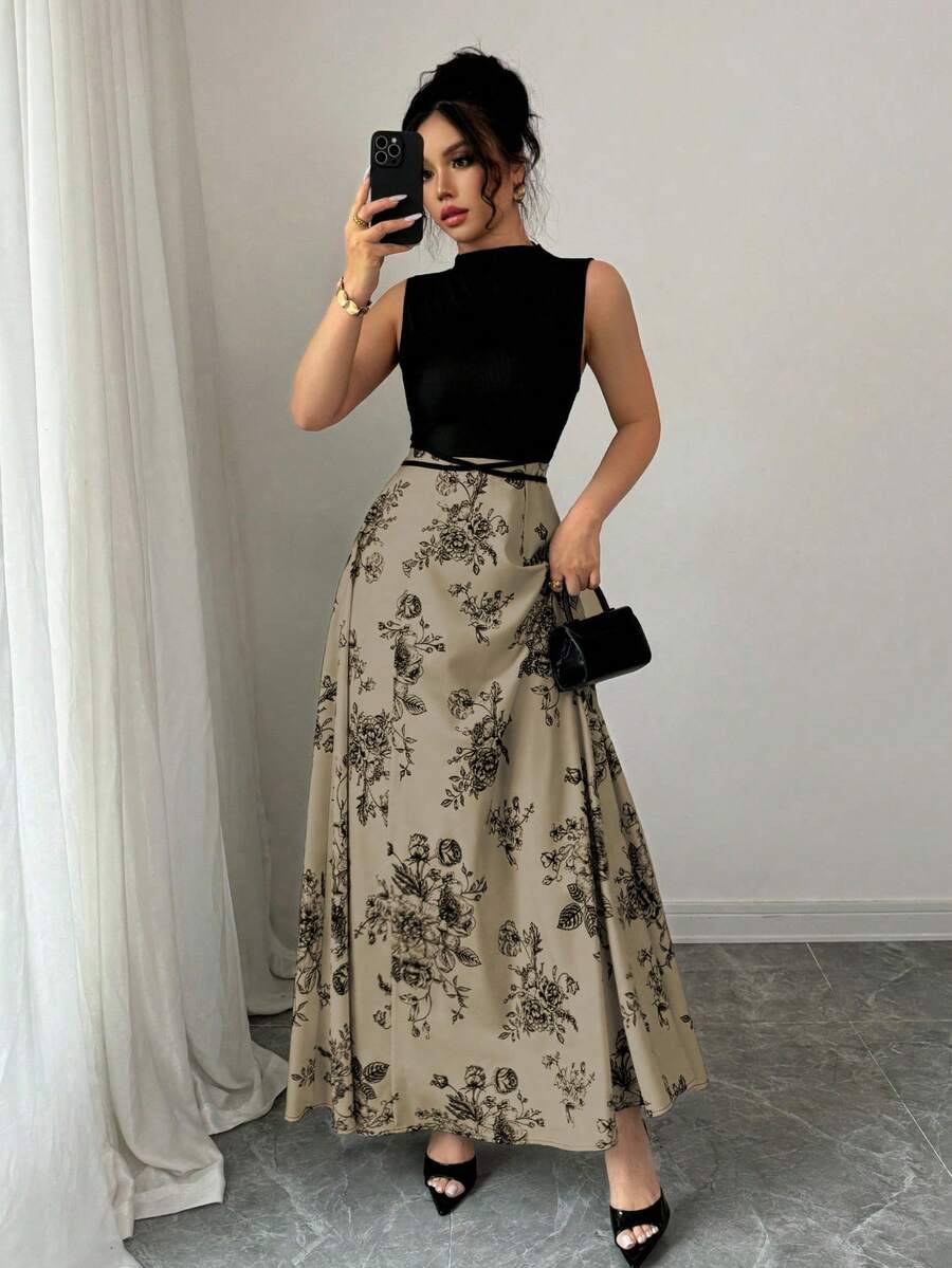 Elenzga 女士度假音乐节黑色针织罗纹拼接玫瑰印花系腰连衣裙 - 卡其色 - 查看 1