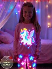 2 Piece Sets Snug Fit Pjs Young Girls Glow-In-The-Dark Cute Unicorn Print Crew Neck Knit Tight Fit Casual Comfortable Long Sleeve Top And Pants Pajama Set .This Product Requires UV Light Exposure To Glow.