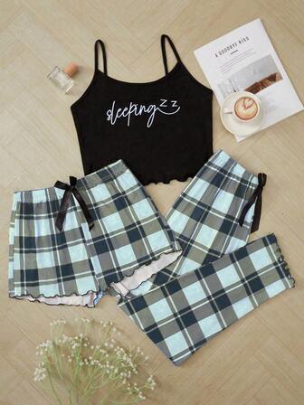 3 件套女士字母印花吊带背心、格子短裤和长裤休闲睡衣套装