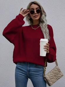SHEIN LUNE Women's Solid Color Drop Shoulder Long Sleeve Loose Casual Pullover Sweater, Autumn/Winter - Red - View 5
