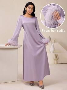 Veilorie 女士圆领毛茸茸喇叭袖优雅阿拉伯风格连衣裙 - 淡紫色 - 查看 1
