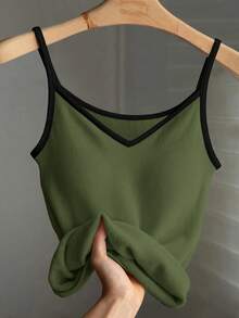 GlowEve Women's Ribbed Trim Thermal Lined Casual Camisole - Army Green - View 5