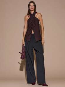 SHEIN BAE 女士优雅露背吊带纯色咖啡棕色上衣，优雅上衣，交叉吊带裹身款式，秋冬款 - 棕色 - 查看 4