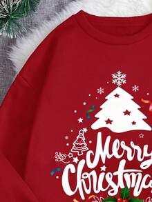 Tween Boy Christmas Tree Pattern Sweatshirt,Red And White,Autumn,Cute,Holiday Classic Christmas Deer Family Matching Loose Fit Crew Neck Long Sleeve - Red - View 4