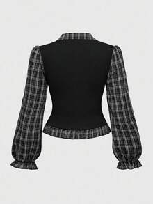 ROMWE Bộ 2 món vải chắp vá kẻ sọc phong cách Gothic: Áo sơ mi dài tay, Áo sơ mi kẻ sọc 2 trong 1 cỡ lớn dành cho nữ - màu đen - Xem 2