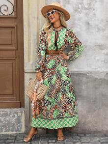 Brillora Autumn/Winter Casual Vacation V-Neck Tassel Tie Bohemian Style Printed Long Sleeve Dress For Women - Multicolor - View 8