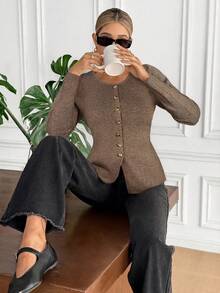 Serisse Casual Solid Color Crew Neck Cardigan, Long Sleeve Winter,Fall,Fall Clothes For Women