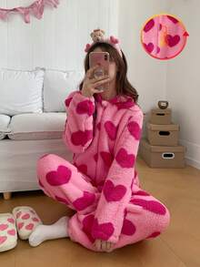 少女粉色心形连帽长袖拉链休闲柔软羊毛连体裤家居服 - 彩色 - 查看 7