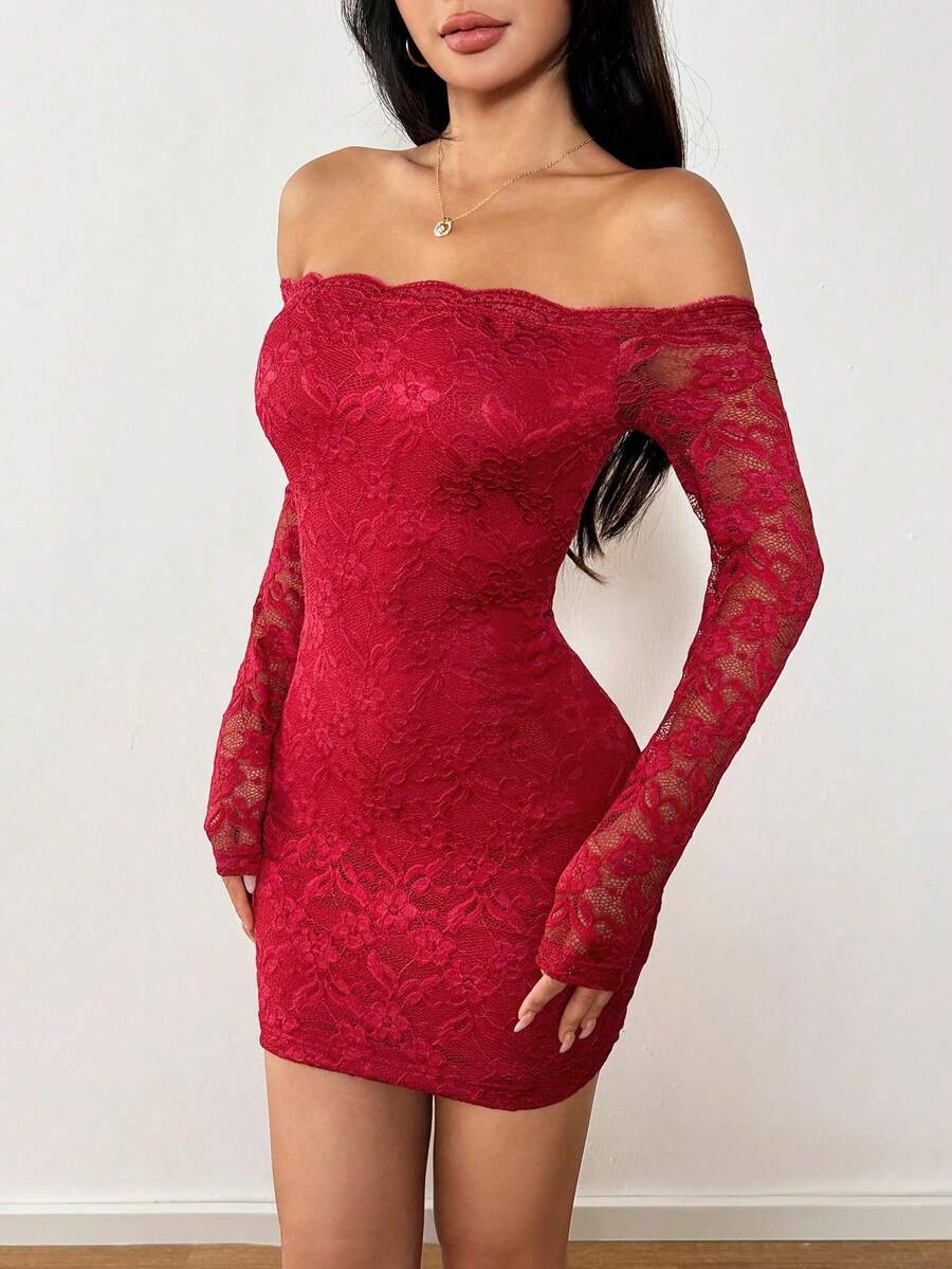 SHEIN PETITE 女式露肩长袖蕾丝拼布迷你连衣裙，夏季连衣裙春装 - 紅色 - 查看 1