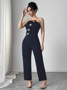 SHEIN Privé 女士优雅前扣吊带连体裤，夏季 - 藏蓝色 - 查看 3