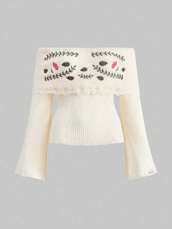 Fairycore Damen Pilz Reben Off-Shoulder Langarm Pullover, Herbst/Winter