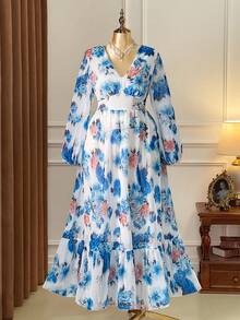 SHEIN Clasi Plus Size Women Rose Print V-Neck Long Sleeve Waist Cinched Flared Romantic Elegant Dress - Blue - View 1