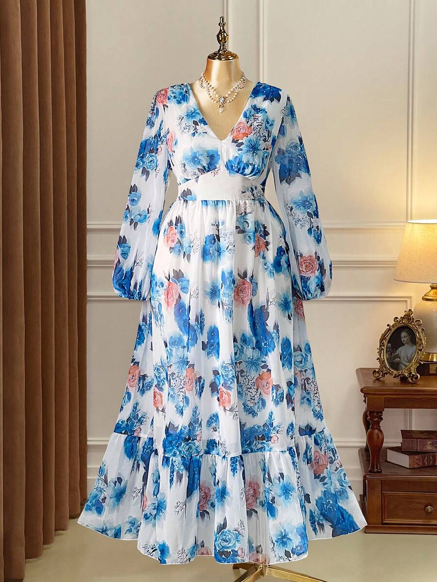 SHEIN Clasi Plus Size Women Rose Print V-Neck Long Sleeve Waist Cinched Flared Romantic Elegant Dress - Blue - View 1