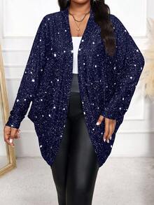 SHEIN Lady CURVE New Spring, Summer, Autumn And Winter Navy Blue Knitted Diamond Fabric Loose Slim Long Sleeve Plus Size Jacket  New Year Clothes Christmas Party Thanksgiving Stylish Clothing Collection - Navy Blue - View 4