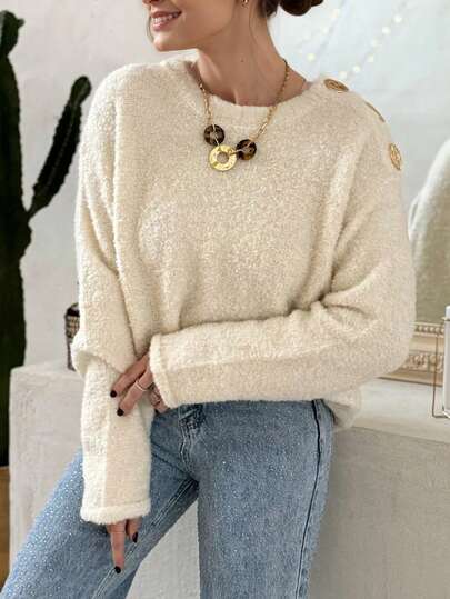 Isle Nomé Women's Elegant Round Neck Metal Buckle Decor Fuzzy Long Sleeve Sweater, Autumn/Winter