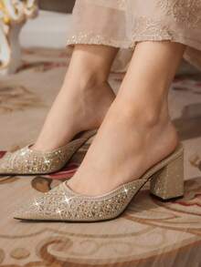 CUCCOO TILAWA Women's Fashionable Party Rhinestone Chunky Heel Pumps For Christmas - Champagne - View 4