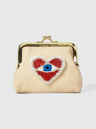 Grunge Punk 1 pezzo Portafoglio corto in pelle PU con perline stile gotico con occhio blu e cuore rosso per donna