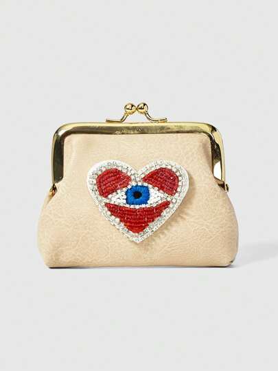 Grunge Punk 1 pezzo Portafoglio corto in pelle PU con perline stile gotico con occhio blu e cuore rosso per donna