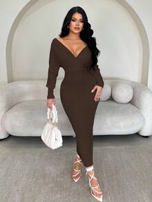 SHEIN SXY 女士性感优雅白色 V 领露肩长袖修身毛衣裙，适合日常穿着、办公室、约会、休闲、派对、感恩节、圣诞节白色中长裙白色长袖连衣裙白色紧身连衣裙罗纹中长裙秋冬 - 棕色 - 查看 4