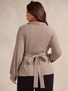 SHEIN LUNE Große Größen Jacke für Damen mit V-Ausschnitt, Revers, Fleecestoff, geraffter Taille und asymmetrischem Saum - Aprikosenfarben - Übersicht 2