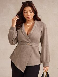 SHEIN LUNE Große Größen Jacke für Damen mit V-Ausschnitt, Revers, Fleecestoff, geraffter Taille und asymmetrischem Saum - Aprikosenfarben - Übersicht 5