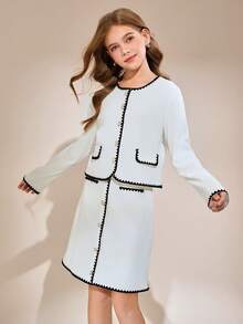 SHEIN Tween Girl Contrast Trim Round Neck Drop Shoulder Long Sleeve Button Front Casual Top & Skirt Set - White - View 1
