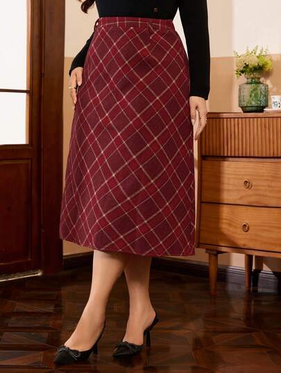 Auvina Plus Size Women's Elegant Commuter Vintage Plaid A-Line Skirt, Red Tartan, Suitable For New Year Party, Valentine's Day