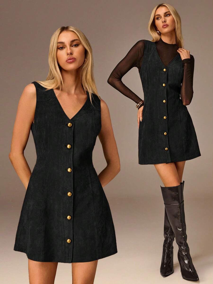 Avantive Women's Minimalist Front Button V-Neck Sleeveless Mini Dress, Summer - Black - View 1