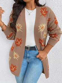 EMERY ROSE Plus Size Dropped Shoulder Casual Maple Leaf Jacquard Knit Cardigan - Camel - View 4